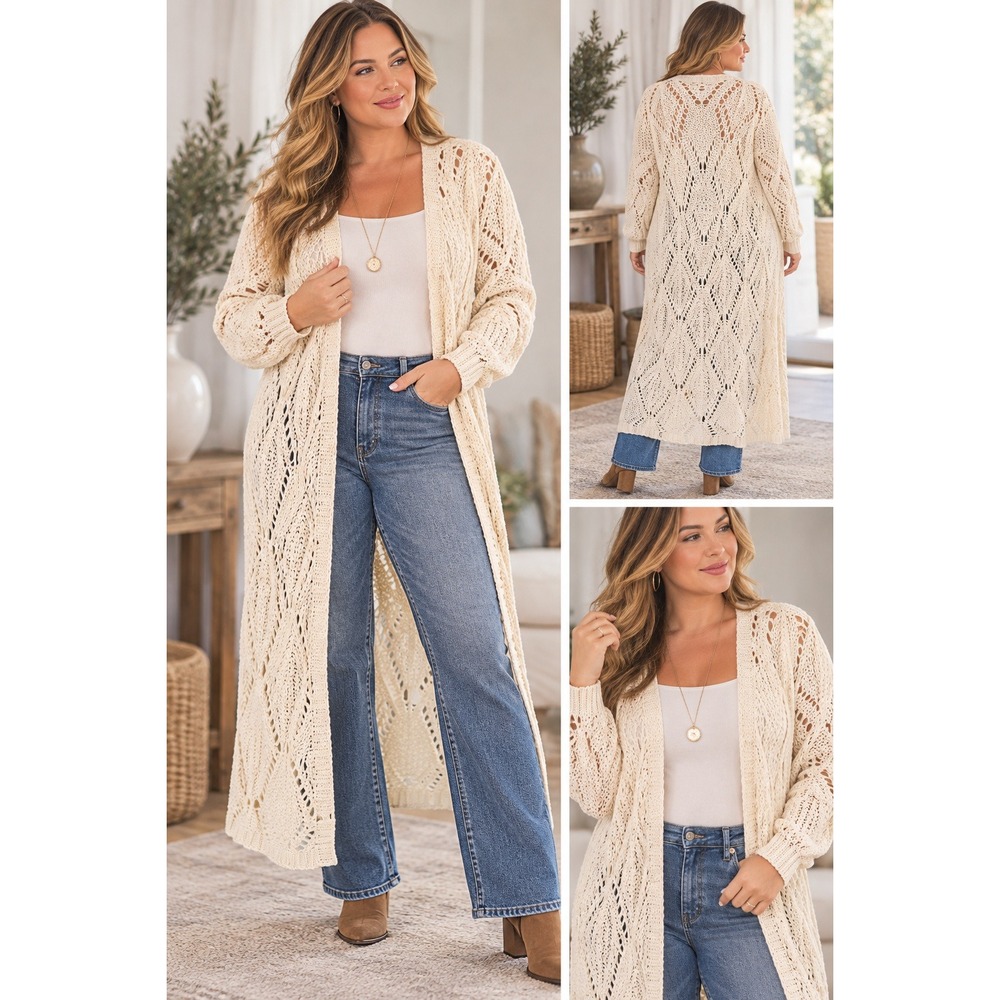 Boston Proper Ivory Cotton Crochet Knit Open Front Duster Cardigan Sweater L